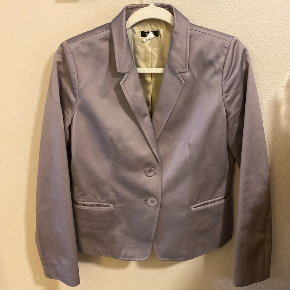 J. Crew blazer, gray/silver with a cream satin lining with bright pink trim.